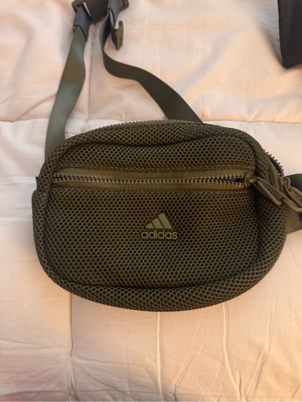 adidas Olive Mesh Crossbody Bag with Front Zip Pocket